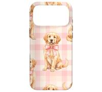Chiot Golden Retriever avec nœud Rose Motif Vichy Coque pour iPhone 17 Pro Max