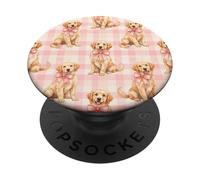 Chiot Golden Retriever avec nœud Rose Motif Vichy PopSockets PopGrip Adhésif