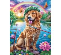 Chiot Golden Retriever pêchant au Coucher du Soleil 300 Pièces Puzzle Personne Âgée en Carton Rigide Paysages et Science-Fiction Facile Débutant Anti-Stress Stimulation Cognitive Loisir Créatif Petit