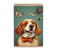 Chiot Heureux Regardant Les Papillons Voler Métallique Panneau Vintage Métal Tôle Signe Rétro Affiche Étain Pour Hôtels Café Chambre