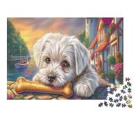 Chiot Maltais avec os par la rivière Picture Puzzle 1000 Pieces Jigsaw Puzzles Pet for Adults Cadeau De Fête Décoration D’intérieur 38x26cm/1000pcs