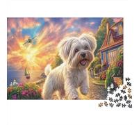 Chiot Maltais Courant dans Le Village de Bord de mer 1000 Piece Picture Puzzle Adults and Children Pet Activité Relaxante Tableau Décoratif 38x26cm/1000pcs