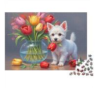 Chiot Mignon avec Tulipes Puzzle 1000 Pièces Papier Écologique pour Enfants, Puzzle Relaxation Mentale, Amusement Après École, Puzzle Top Noté Rapport Qualité-Prix 38x26cm/1000pcs