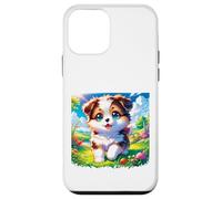 Chiot Mignon dans Une Prairie Fleurie Dessin animé Art avec Grands Yeux Bleus Coque pour iPhone 12 Mini