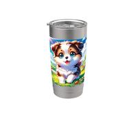 Chiot mignon dans une prairie fleurie dessin animé art avec grands yeux bleus Gobelet isotherme en acier inoxydable double paroi