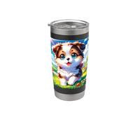 Chiot mignon dans une prairie fleurie dessin animé art avec grands yeux bleus Gobelet isotherme en acier inoxydable double paroi