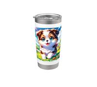 Chiot mignon dans une prairie fleurie dessin animé art avec grands yeux bleus Gobelet isotherme en acier inoxydable double paroi