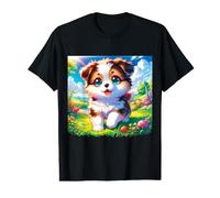 Chiot Mignon dans Une Prairie Fleurie Dessin animé Art avec Grands Yeux Bleus T-Shirt Graphique avec Valeur