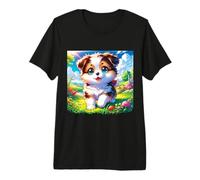 Chiot Mignon dans Une Prairie Fleurie Dessin animé Art avec Grands Yeux Bleus T-Shirt Haut de Gamme