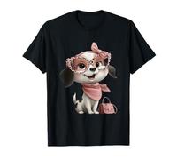 Chiot Noir et Blanc Chien Rose Léopard Glam Fashion Graphic T-Shirt