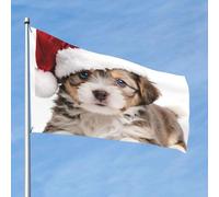 Chiot portant un bonnet de Père Noël couché, drapeaux de 90 x 60 cm avec œillets, mâts de drapeau de jardin personnalisés
