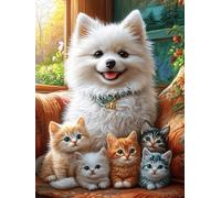 Chiot Samoyède avec des chatons 1000 Pièces Puzzle Amateur D'Art En Carton Épais Haute Densité Scène de conte de fées dessin animé Difficile Niveau Expert Décoration Murale Idée Cadeau Anniversaire 10