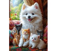 Chiot Samoyède avec des chatons 300 Pieces Casse-tête Débutant En Carton Haute Qualité Scène de conte de fées dessin animé Facile Apprentissage Loisir Créatif Décoration Murale Cadeau Saint Valentin 3