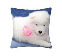Chiot Samoyède Chiens Blancs Chiot avec Arc Furry,Housse de Coussin décorative, taie d'oreiller, Housse de Coussin en Polyester Doux 50x50 cm
