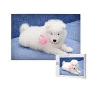 Chiot Samoyède Chiens Blancs Chiot avec Arc Furry,Puzzle Familial en Bois de 1 000 pièces pour Adultes et Adolescents, décoration d'intérieur