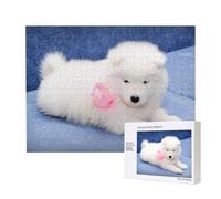 Chiot Samoyède Chiens Blancs Chiot avec Arc Furry,Puzzle Familial en Bois de 500 pièces pour Adultes et Adolescents, décoration d'intérieur