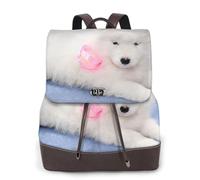 Chiot Samoyède Chiens Blancs Chiot Avec Arc Furry,Sac à dos imperméable pour femme, sac à dos de voyage léger en cuir PU tendance