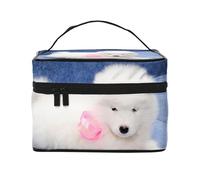 Chiot Samoyède Chiens Blancs Chiot avec Arc Furry, Trousse de Maquillage Trousse à cosmétiques Trousse de Toilette de Voyage Portable Trousse à Crayons