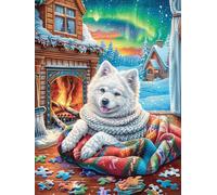 Chiot Samoyède près d'une cheminée douillette 500 Pieces Casse-tête Débutant En Carton Épais Scène de conte de fées dessin animé Facile Apprentissage Loisir Créatif Passe-Temps Cadeau Créatif Événemen