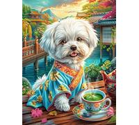 Chiot Shih Tzu en kimono avec du thé 300 Pièces Puzzle Créatif En Carton Haute Qualité Scène de conte de fées dessin animé Difficulté Moyenne Activité Manuelle Loisir Créatif Cadeau Créatif Saint Vale