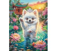 Chiot Spitz nain blanc dans un étang de lotus 1000 Pieces Casse-tête Adulte En Carton Anti-Déchirure Faune sauvage et animaux de compagnie Haute Difficulté Motif Complexe Anti-Stress Passe-Temps Cadea