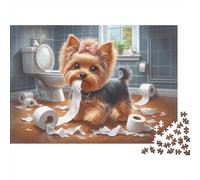 Chiot Yorkshire Faisant Ses Besoins dans la Salle de Bain - Puzzle de 1000 pièces - Jeu éducatif Classique pour Adultes - 52 x 38 cm