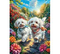 Chiots Bichon Frisé dans Le Jardin Fleuri 300 Pieces Casse-tête Amateur d'art en Carton Haute Qualité Animal Mignon de Conte de fées Très Difficile Niveau Expert Décoration Murale Cadeau Noël Qualité