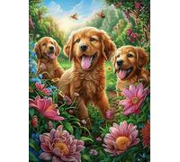 Chiots Golden Retriever dans une prairie fleurie 500 Pièces Puzzle Adolescent En Carton Sans Déformation Animal sauvage et animal de compagnie Difficulté Moyenne Activité Éducative Cadeau Noël Pas Che