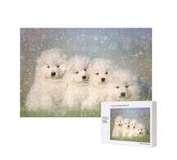 Chiots Samoyèdes Chiens Blancs Famille Petit Samoyède,Puzzle Familial en Bois de 300 pièces pour Adultes et Adolescents, décoration d'intérieur