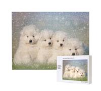 Chiots Samoyèdes Chiens Blancs Famille Petit Samoyède,Puzzle Familial en Bois de 500 pièces pour Adultes et Adolescents, décoration d'intérieur