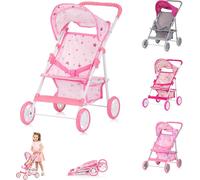 Chipolino Poussette de poupée Alice Panier de rangement pliable, toit ouvrant réglable rose étoiles