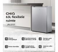 CHiQ JR63DSD Congélateur vertical 63 L, congélation rapide 4 étoiles, design compact 47 cm de large, silencieux 38 dB, dégivrage manuel, porte réversible, finition argent