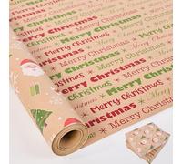 Chirstmas Rouleau de papier d'emballage, 43 cm x 10 m, double face, réversible, papier kraft pour décoration de Noël, fête, bricolage, carft (lettre colorée Père Noël)