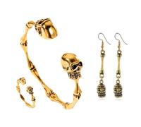 CHIZISX Ensemble de bijoux vintage avec tête de mort squelette pour Halloween, manchette, bagues, boucles d'oreilles, accessoire tendance pour un usage quotidien, taille unique, Comme décrit, Comme