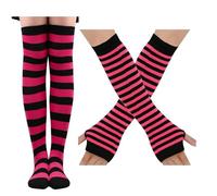 CHIZISX Ensemble de mitaines et bas colorés à rayures pour femme - Manches de bras tendance - Pour fête à thème - Legging décoratif - Manches et chaussettes, Noir/rose/rouge., taille unique