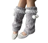 CHIZISX Jambières en fausse laine d'agneau pour femme avec joli nœud papillon et dentelle bordée de dentelle - Chaussettes sans pieds en fourrure japonaise, gris, taille unique