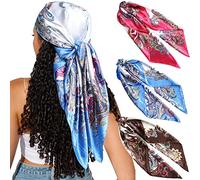 CHLINS 35" Satin Square Hair Scarf Bandanas - 3Pcs Large Silk Head Scarves Lightweight Satin Hair Kerchief Sleeping Hair Wraps for Women (Beige + Pink + Blue)