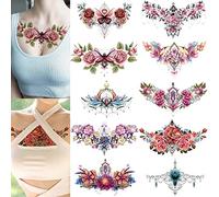 Chloe10 Lot de 10 feuilles de tatouages temporaires sous la poitrine Motif fleurs
