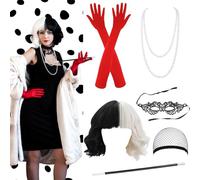 CHMMY Années 1970 Accessoires Cruella Costume 70s Accessoires Cosplay Perruque avec Dentelle Masque Gants Perle Bijoux Déguisement pour Halloween Mardi Gras