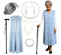 CHMMY Déguisement de Grand-Mère pour Carnaval - Ensemble de 8 Pièces Complet avec Perruque, Robe à Fleurs, Lunettes Vintage, Canne Pliable et Bijoux de Perles (M)