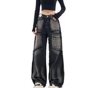 Chmnigma Y2k Jean baggy pour homme et femme Taille basse Pantalon en jean jambe droite Vintage Grunge Goth Vêtements, noir, XS