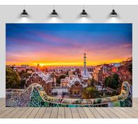 CHNBGPRO Toile de fond de 2,1 m x 1,5 m Espagne Barcelone ville Europe Vintage Guell Park City Line Maison colorée lever du soleil Fond européen Espagnol Voyage Thème Fête Décor Photo Booth Props