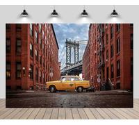 CHNBGPRO Toile de fond de rue de Brooklyn 1,5 x 1 m - Motif taxi jaune - New York Manhattan Bridge Washington Street - Pour voyage, anniversaire, mariage, fête - Portrait - Accessoires pour studio