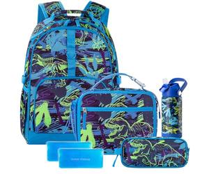 Choco Mocha Ensemble sac à dos d'école 43,2 cm pour filles et garçons 4 pièces, Dinosaure Bleu, Garçons