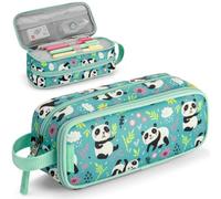 Choco Mocha Grande trousse à crayons pour filles, trousse à crayons souple à fermeture éclair pour filles avec 2 compartiments, trousse à crayons pour écolière panda, vert