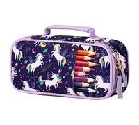 Choco Mocha Trousse Scolaire Grande Capacité 2 Compartiments - Plumier Organisateur pour Fille et Garçon - Étui à Crayons Double Compartiment Fournitures Scolaires, Licorne-Violet