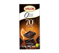 CHOCOLATES VALOR Chocolat Noir 70% Cacao aux Eclats d’Orange sans Sucre Ajouté/Gluten, 100 g