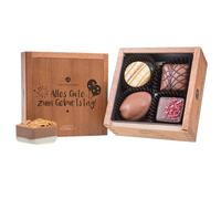 CHOCOLISSIMO - Chocolats à Offrir dans Boîte en Bois - Idée Cadeau Anniversaire, Femme, Homme, Papa, Maman, Amie - Pralines avec Alcool avec Inscription Alles Gute zum Geburtstag