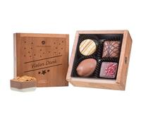 CHOCOLISSIMO - Chocolats à Offrir - Petit Cadeau de Remerciement en Chocolat dans Boîte en Bois - 4 Pralines Fins avec Alcool - Idée Cadeau Anniversaire, Saint Valentin pour Femme, Homme, Papa, Maman