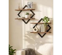 CHOEZON Étagère flottantes, Lot de 2, Étagères murales à 2 Niveaux, Rangements Suspendus avec Cadre métallique losangé, pour Salon, Chambre, Cuisine, Bureau, Marron Rustique et Noir DTBJ01P2BF